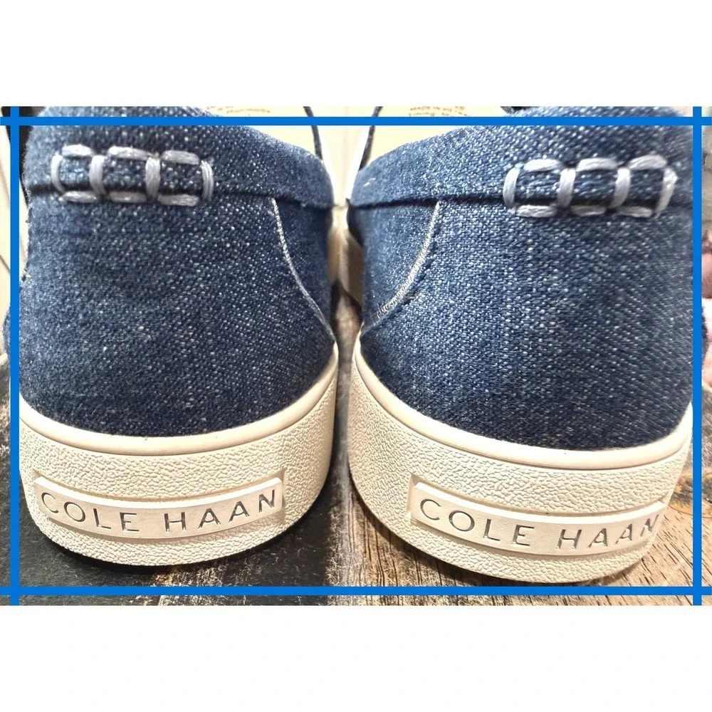 Cole Haan GrandOS Women Blue Denim White Leather Penny Loafers Platform Shoes